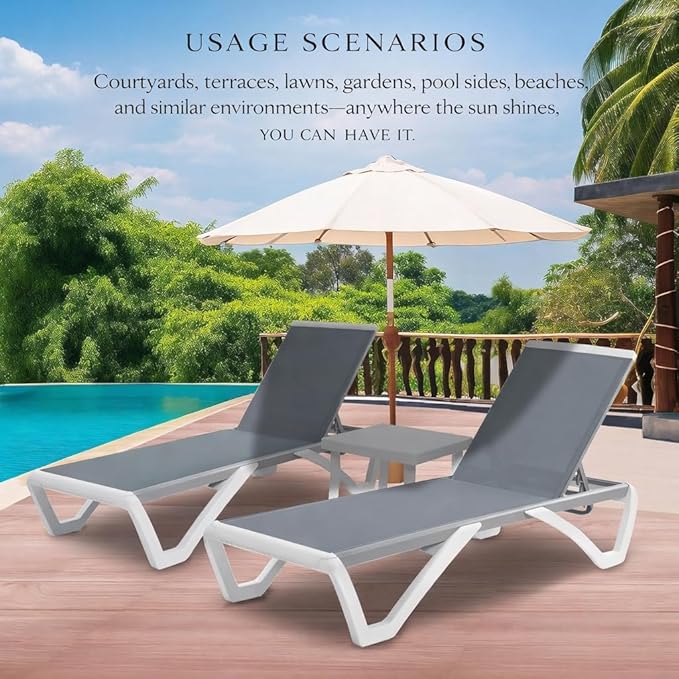 Kozyard Outdoor Chaise Lounge Chair, Full Flat Adjustable Patio Lounger with Aluminum Frame & Resin Legs, Textilene Fabric for Poolside, Backyard & Beach (Gray, 2Chairs with Table)