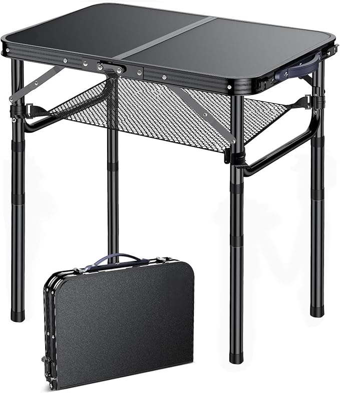Outdoor Side Table, Portable 3 Adjustable Height Small Outdoor Folding Table, Aluminum Foldable Patio Side Tables for Outside Indoor, Plant Stand Coffee End Table for Pool, Porch,Garden(Black)