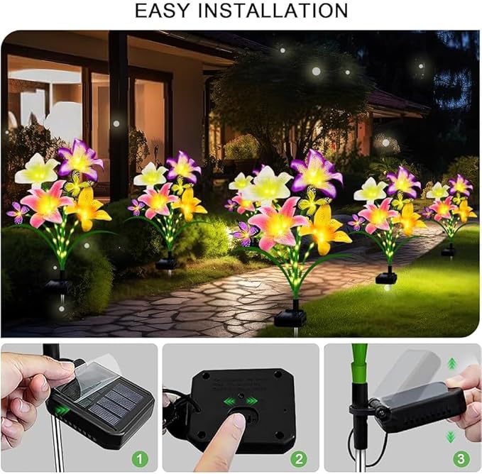 4 Pack Solar Garden Lights LED Solar Lilies Flower Lights, Yard Patio Pathway Decoration High Flexibility Copper Wire Handmade Silk Artificial Flowers Never Wither, Gift for Family, Friends