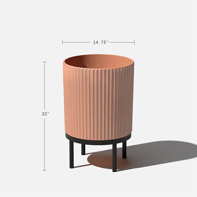 Veradek Demi Series Round Planter w/Stand for Porch/Patio | Durable Plastic-Stone Composite & Wooden Stand | Modern Décor for Tall Plants, Flowers
