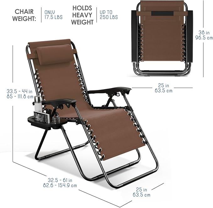 Nestl Zero Gravity Chairs, Portable Patio Lounge Chair Outdoor with Pillows & Cup Holder Trays, Adjustable Steel Mesh Reclining Camping Chair, Folding Patio Lawn Chair for Deck, Beach, Yard - Brown
