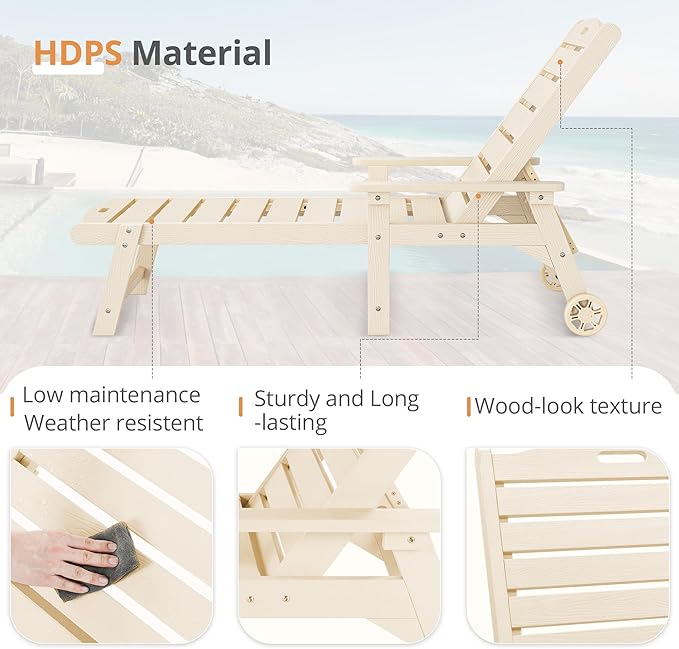 LUE BONA Outdoor Chaise Lounge Chairs Set of 4, HDPS Chaise Lounger, 5 Positions Adjustable Lounge Chairs, Pool Lounge Chair with Wheels for Poolside, Sand