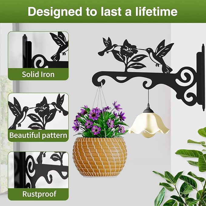 Elegant Bird Pattern Wall Hooks - 10/12/14 Inch Metal Plant Hangers for Indoor & Outdoor - Rust-Resistant Bracket for Plants, Feeders, Chimes, Lanterns (4, Black, 10 inch)
