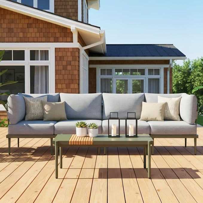 Sundale Outdoor 5 Pieces Patio Furniture Set, Metal Sectional Sofa Patio Conversation Set with Coffee Table, Modern Patio Corner Couch for Balcony, Porch, Sunroom