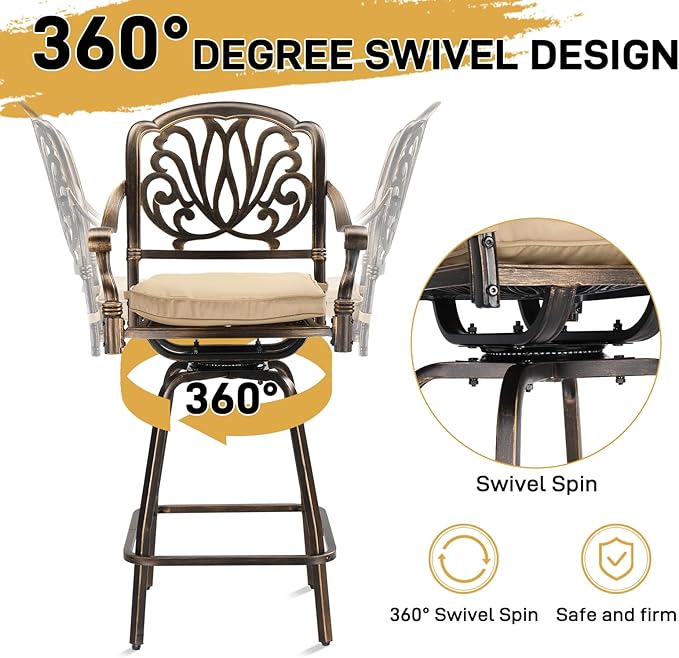 VINGLI 3 Piece Outdoor Bar Set, Cast Aluminum Outdoor Swivel Bar Stools and Table w/Umberlla Hole, All-Weather Outdoor Bar Table and Chairs Set w/Cushions for Patio Balcony(Elizabethan Back)