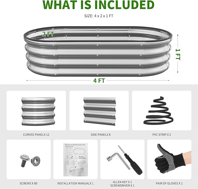 Galvanized Metal Raised Garden Bed Kit for Outdoor Planter Boxes with Easy Assembly,Oval Large Galvanized Gardening Raised Bed for Vegetables, Fruits, Flower (Silver, 4 * 2 * 1ft-2P)