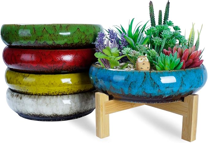 ARTKETTY Large Succulent Pots with Drainage 10 inch Succulent Planters with Planting Tools Set & 2.2lb Mix Pebbles - Ceramic Bonsai Pot for Indoor Succulent Plants Cactus Flower Planter