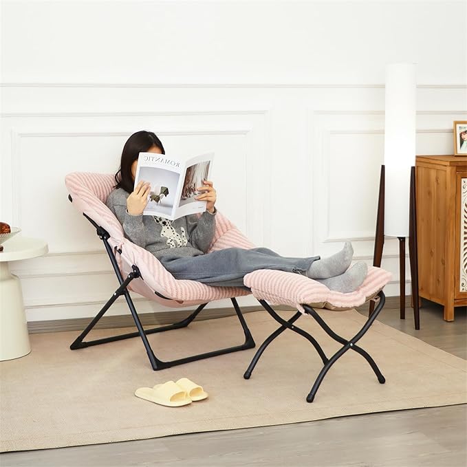 15"(H) Folding Ottoman, Foldable Footrest Stool, Portable Small Foot Stool for Couch, Collapsible Foot Rest Ottoman for Sofa, Accent Padded Ottomans for Living Room, Bedroom, Stripe Pink