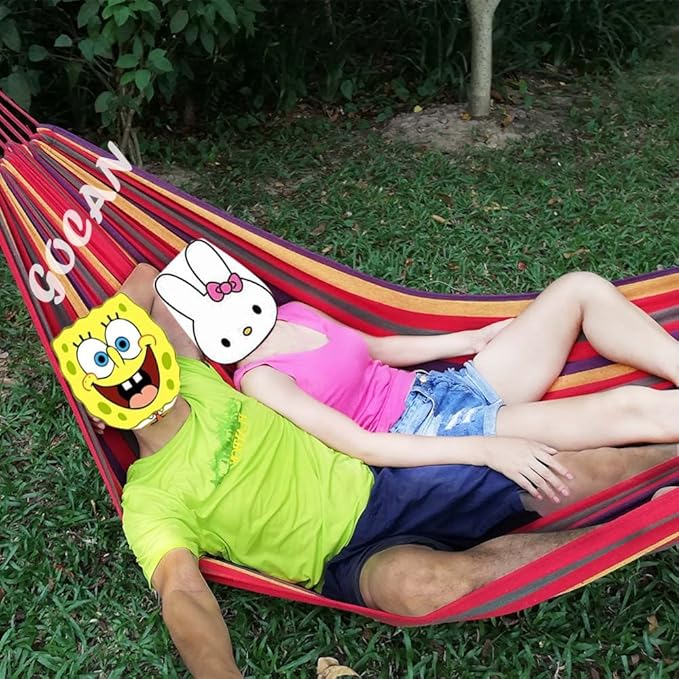 Brazilian Double Hammock 2 Person Extra Large 220x160cm Total Length 330cm Load 500lb Canvas Cotton Hammock for Patio Porch Garden Backyard Lounging Outdoor and Indoor(Rainbow) XXL