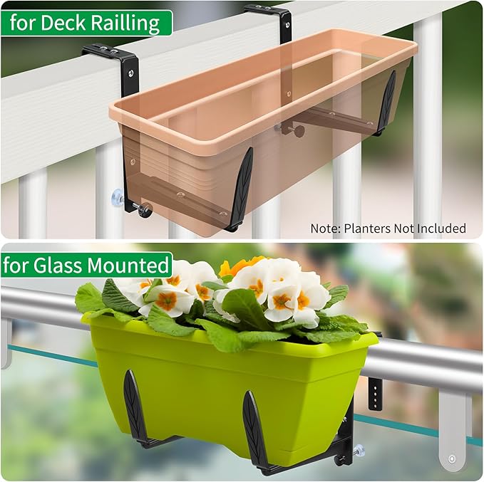 Window Box Brackets, Adjustable Planter Box Brackets, Heavy Duty Iron Flower Box Bracket for Deck Railing with Upgraded Bottom Support - Ideal for Balconies, Fences, and Gardens (6 Pack)