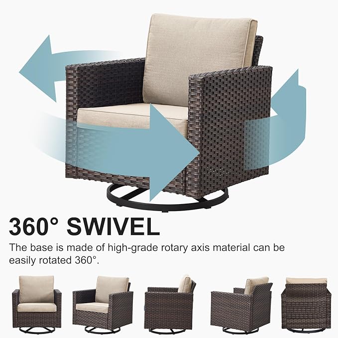 Belord 7 Pieces Patio Furniture Set with Fire Pit Table: Wicker Patio Conversation Set with Outdoor Swivel Glider Rocker Patio Couch Metal Side Table, All Weather Brown Rattan