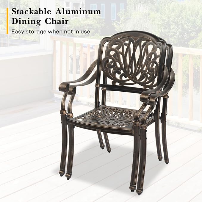 VINGLI 5-Piece Outdoor Patio Dining Set, Cast Aluminum All-Weather Outdoor Table and Chairs w/Cushion, Outdoor Furniture Set w/Umbrella Hole for Backyard Deck Poolside (Round, Elizabeth Back)