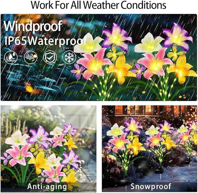 4 Pack Solar Garden Lights LED Solar Lilies Flower Lights, Yard Patio Pathway Decoration High Flexibility Copper Wire Handmade Silk Artificial Flowers Never Wither, Gift for Family, Friends