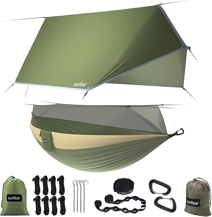 Sunyear Camping Hammock, Portable Single & Double Hammock with Net, 2 Person Hammock Tent with 2 * 10ft Straps, Best for Outdoor Hiking Survival Travel