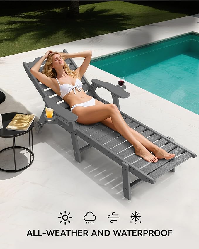 Carauci Lounge Chair Outdoor Set of 2, HDPE Chaise Lounge with Wheels, 5-Position Adjustable Backrest & 2 Cup Holders Patio Lounge Chair, All-Weather Pool Sun Lounger for Poolside, Backyard, Grey