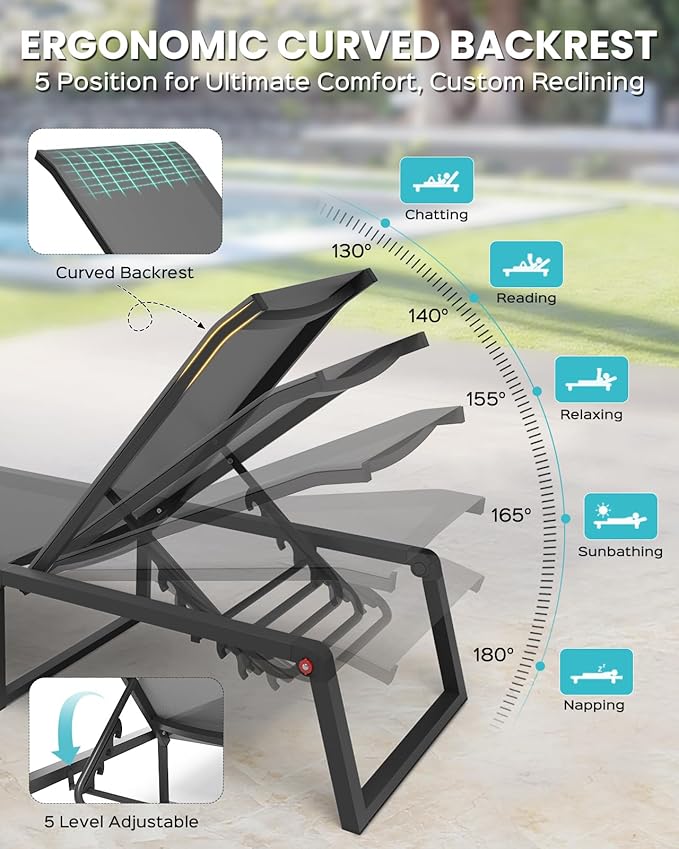 Aluminum Chaise Lounge Chair Outdoor Set of 2, Foldable & No Assembly Pool Lounge Chairs 5-Position Recliner for Outside Poolside, Fully Grounded Legs Sun Lounger for Patio, Beach, Dark Grey
