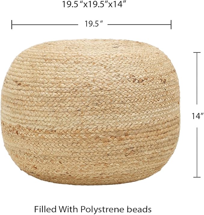 REDEARTH · Jute Circular Jute Pouf Ottoman - Braided Pouffe Accent Sitting Round Footrest for Living Room, Bedroom, Nursery, kidsroom, Patio, Gym; 100% Jute (19.5"X19.5"X14"; Jute Natural)