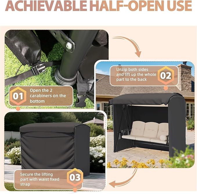 U-MAX Porch Swing with Cover, Patio Swing with Adjustable Backrest&Canopy 3 Seat Outdoor Swing with Canopy 2-in-1 Convertible Patio Daybed with Removable Brown Cushions
