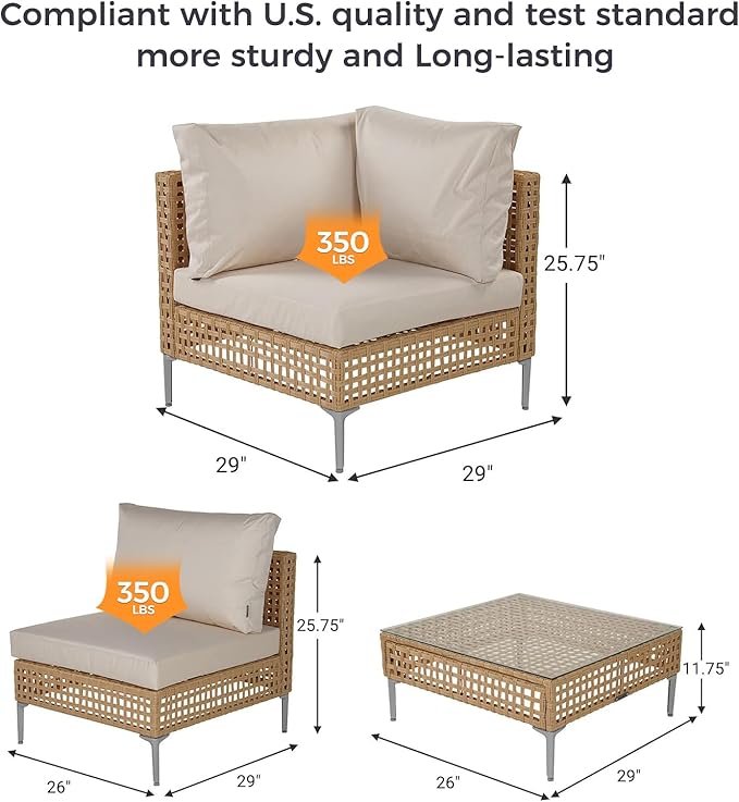 Grand patio 5-Piece Wicker Patio Furniture Set, Boho Outdoor Sectional Sofa with Water Resistant Thick Cushions Coffee Table, Cream