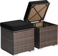 RELAX4LIFE Wicker Outdoor Storage Ottoman, 2-Piece Rattan Footstool w/Removable Cushion, Multipurpose Footrest Stool Side Table Additional Seating, Set of 2 Outdoor Ottomans for Patio Deck (Black)