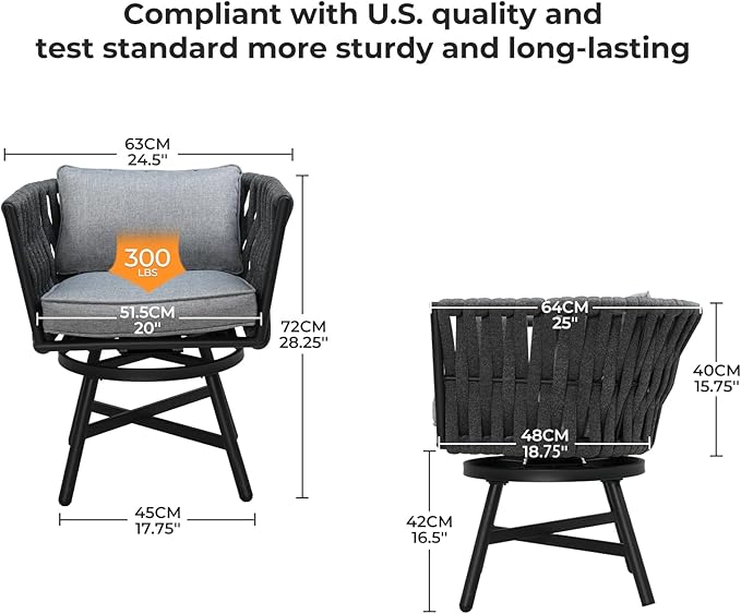 Grand patio 5-Piece Outdoor Dining Set for 4, Patio Dining Furniture Set for 4 Swivel Rope Wicker Chairs & 1 Square Dining Faux Woodgrain Table with Umbrella Hole, Dark Gray