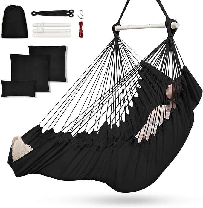 Outerman Hammock Chair, Hanging Chair with 3 Cushions and Foot Rest Support, Sturdy Metal Spreader Bar Max 500Lbs, Swing Chair for Bedroom, Indoor & Outdoor, Patio, Porch or Tree（Black）…