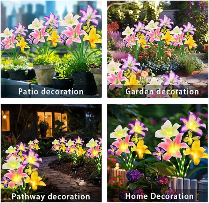 Solar Garden Lights 4 Pack LEDs Solar Lilies Flower Lights, Yard Patio Pathway Decoration High Flexibility Copper Wire Handmade Silk Artificial Flowers Never Wither, Gift for Family Friends