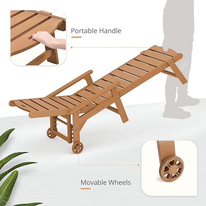 LUE BONA Outdoor Chaise Lounge Chairs Set of 4, HDPS Chaise Lounger, 5 Positions Adjustable Lounge Chairs, Pool Lounge Chair with Wheels for Poolside, 3 Year Warranty, Teak Color