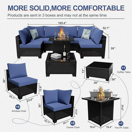 8 Piece Patio Furniture Set with Fire Pit Table, Wicker Outdoor Sectional Sofa, Conversation Set for Backyard, Garden, Deck (Coffee/Blue)