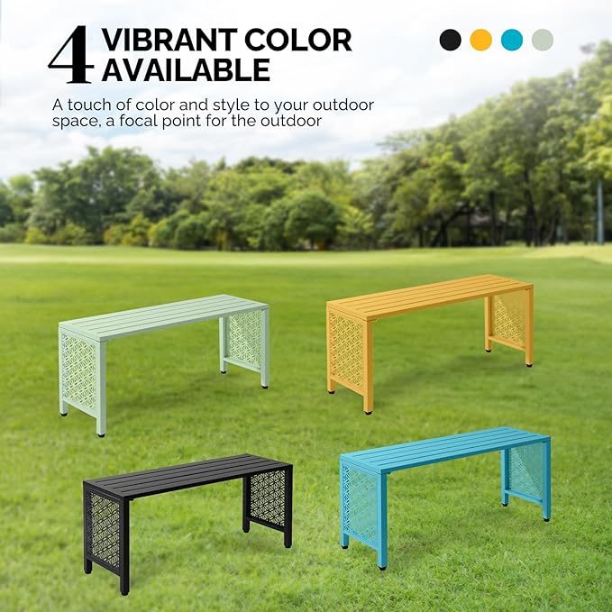 VINGLI 40in Outdoor Metal Bench, All-Weathe Backless Patio Bench with Slatted Seat＆Floral Side Panels, Rust-Resistant Garden Bench, Weatherproof Outdoor Seating for Porch Entryway Backyard (Green)