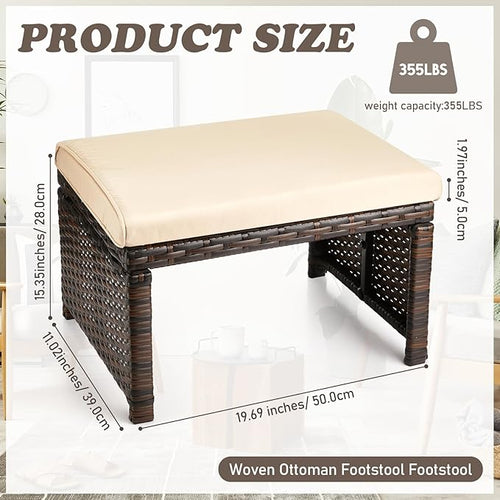 2 Pcs Patio Rattan Ottomans Outdoor Wicker Ottomans Patio Footstool Footrest with Removable Cushion Soft Zippered Cushions Function Footstool Seat Table for Backyard Balcony Poolside(Beige, Brown)