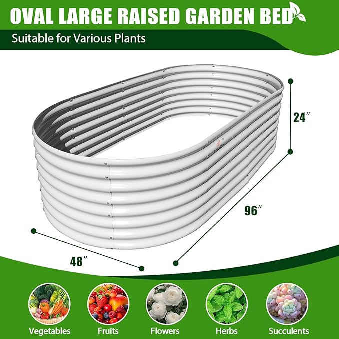 A ANLEOLIFE 2-Set 8X4X2 ft Galvanized Raised Garden Bed Kit, Oval Metal Deep Root Planters for Outdoor Plants, Antique White