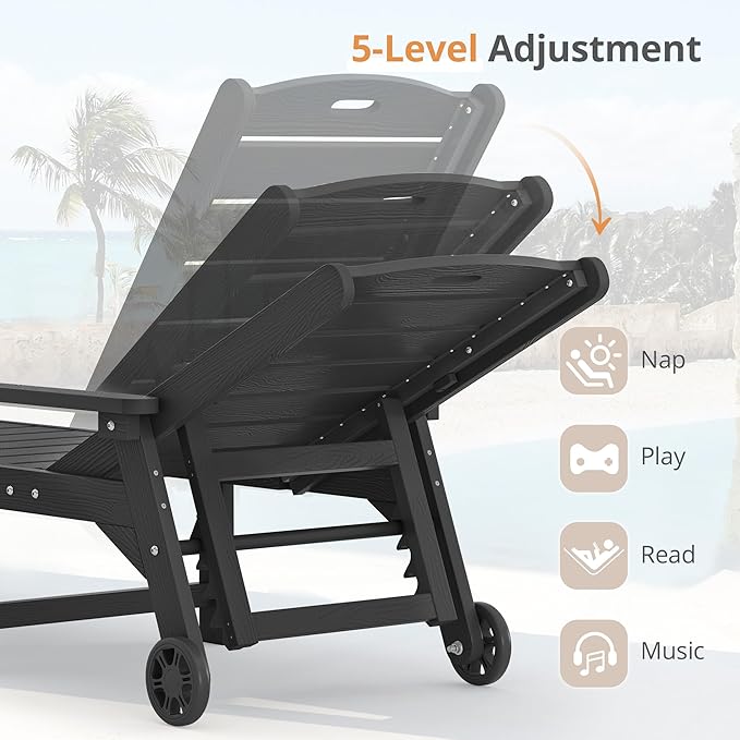 LUE BONA Chaise Lounge Chair with Table, 6-Piece, HDPS Chaise Lounger, 5 Positions Adjustable Lounge Chairs, Pool Lounge Chair with Wheels for Poolside, Backyard, Black