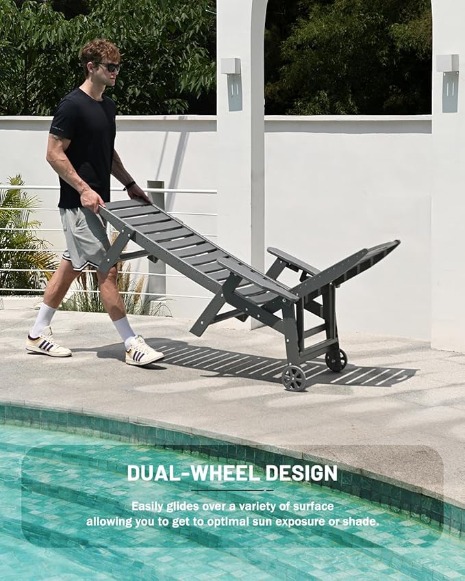 Lounge Chair Outdoor, Chaise Lounge Outdoor, HDPE 6-Position Lounge Chair for Outside, Patio Lounge Chair with Wheels & Cup Holder for Pool Poolside Deck Backyard, Darkgrey