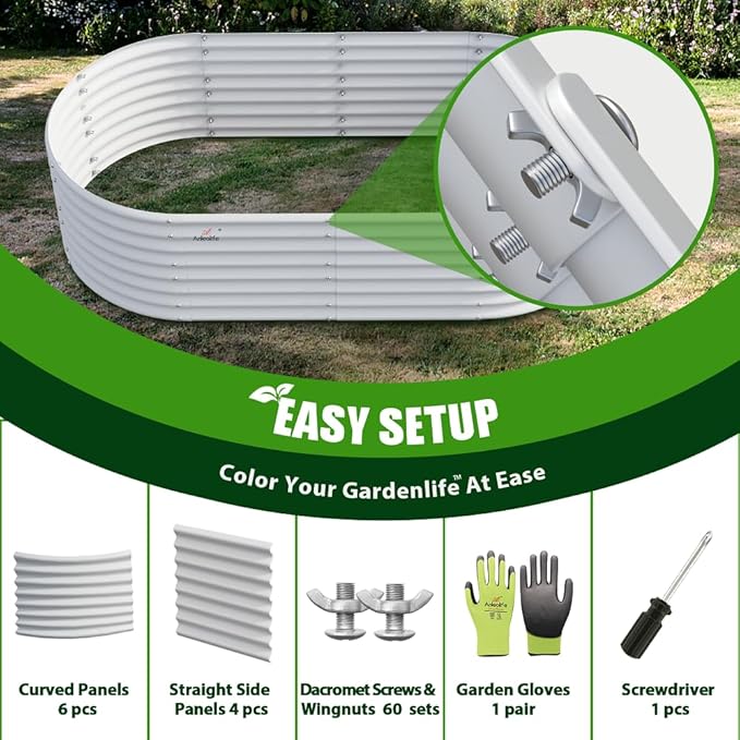 A ANLEOLIFE 8-Set 8X4X2 ft Galvanized Raised Garden Bed Kit, Oval Metal Deep Root Planters for Outdoor Plants, Antique White