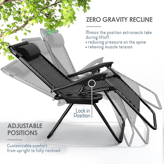 Nestl Zero Gravity Chairs Set of 4, Patio Lounge Chair Outdoor with Pillows & Cup Holder Trays, Adjustable Steel Mesh Reclining Camping Chair, Folding Patio Lawn Chair for Deck, Beach, Yard - Black