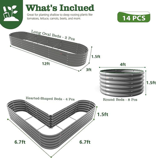 A ANLEOLIFE Set of 14, 18 Inch Tall Raised Garden Beds Kit, Heart-Shaped, Large Oval & Round Metal Planters – Ideal for Backyard Vegetables Flowers Herbs, Quartz Grey