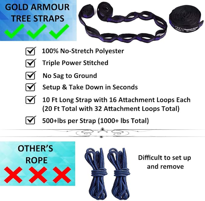 Gold Armour Camping Hammock - XL Double Hammock Portable Hammock Camping Accessories Gear for Outdoor Indoor with Tree Straps, USA Based Brand (Purple and Orange)