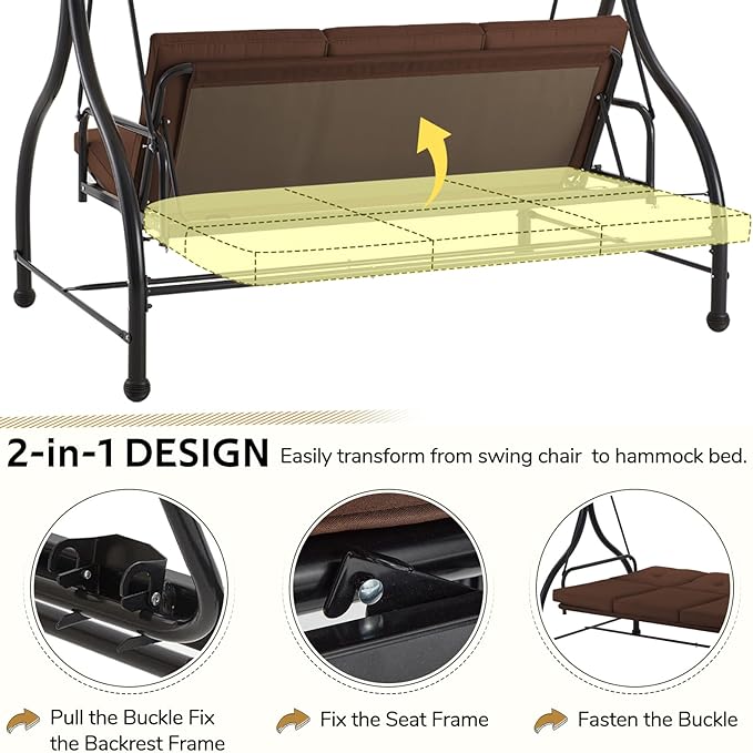 U-MAX Porch Swing Chair with Adjustable Backrest&Canopy, 3 Seat Patio Swing with Canopy 2-in-1 Convertible Outdoor Swing with Canopy Patio Daybed with Removable Brown Cushions for Adults