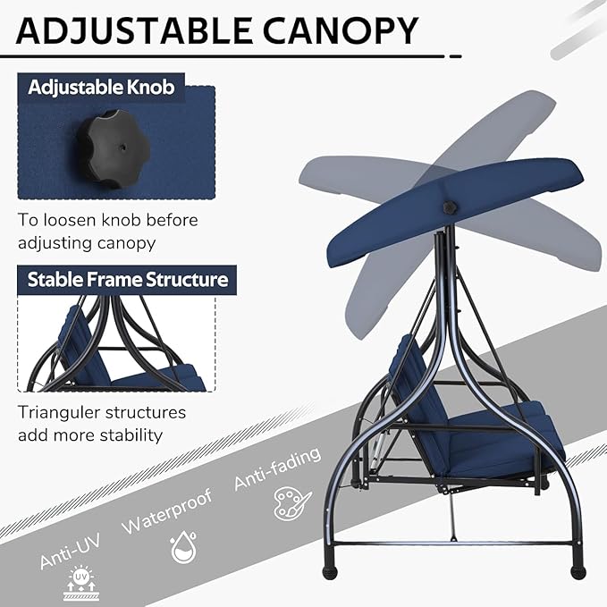 U-MAX Porch Swing with Cover, Patio Swing with Adjustable Backrest&Canopy 3 Seat Outdoor Swing with Canopy 2-in-1 Convertible Patio Daybed with Removable Blue Cushions