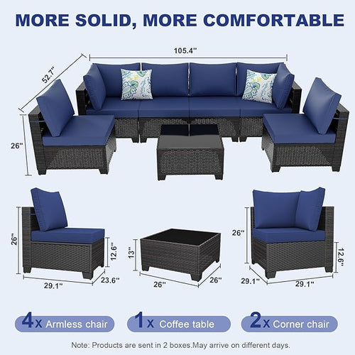 7 Pieces Outdoor Patio Furniture Set, Outdoor Wicker Sectional with Thick Cushions for Garden and Backyard (Brown/Deep Blue)