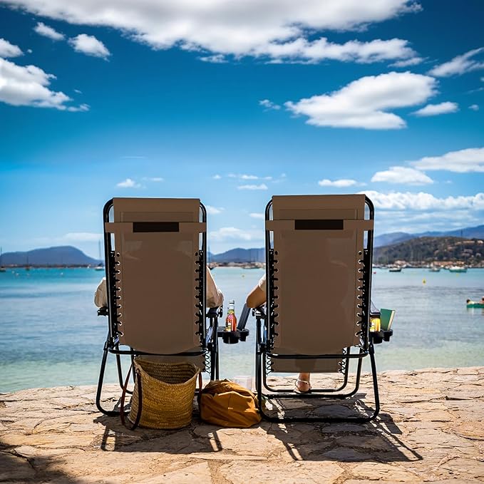 Nestl Zero Gravity Chairs Set of 2, Patio Lounge Chair Outdoor with Pillows & Cup Holder Trays, Adjustable Steel Mesh Reclining Camping Chair, Folding Patio Lawn Chair for Deck, Beach, Yard - Brown