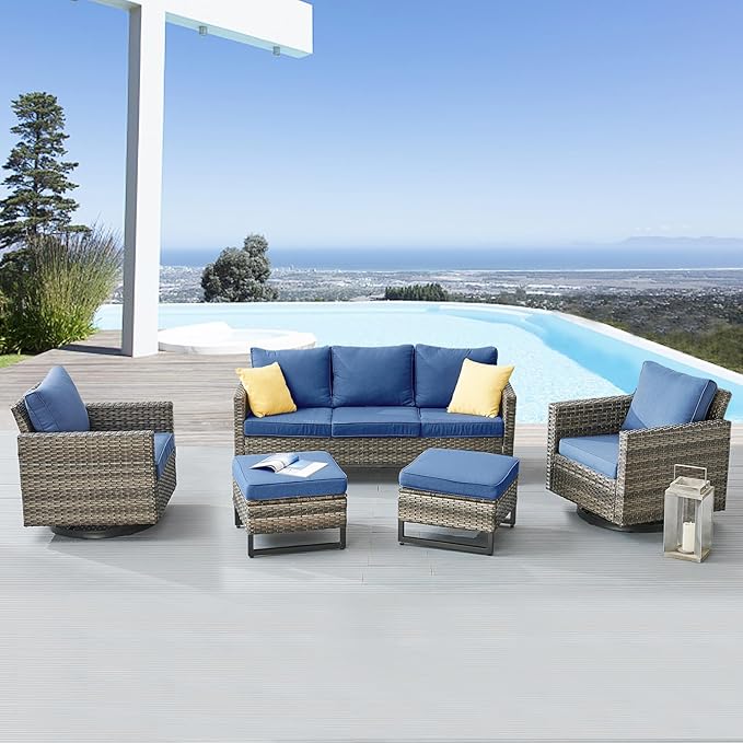Belord Wicker Patio Furniture 5 Piece Outdoor Sofa Set, Oversize Outdoor Swivel Rocker Chairs with Rattan Ottomans, Conversation Sets Patio Furniture Come with Removable Washable Cushion Blue