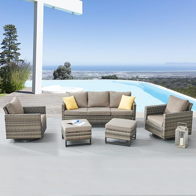 Belord Wicker Patio Furniture 5 Piece Outdoor Sofa Set, Oversize Outdoor Swivel Rocker Chairs with Rattan Ottomans, Conversation Sets Patio Furniture Come with Removable Washable Cushion Grey