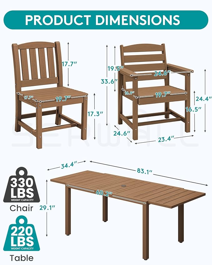 SERWALL 7-Piece Outdoor Dining Set, 60" - 83" Expandable Outdoor Dining Table and 6 HDPE Chairs, All Weather HDPE Outdoor Furniture Set for Backyard, Garden, Brown