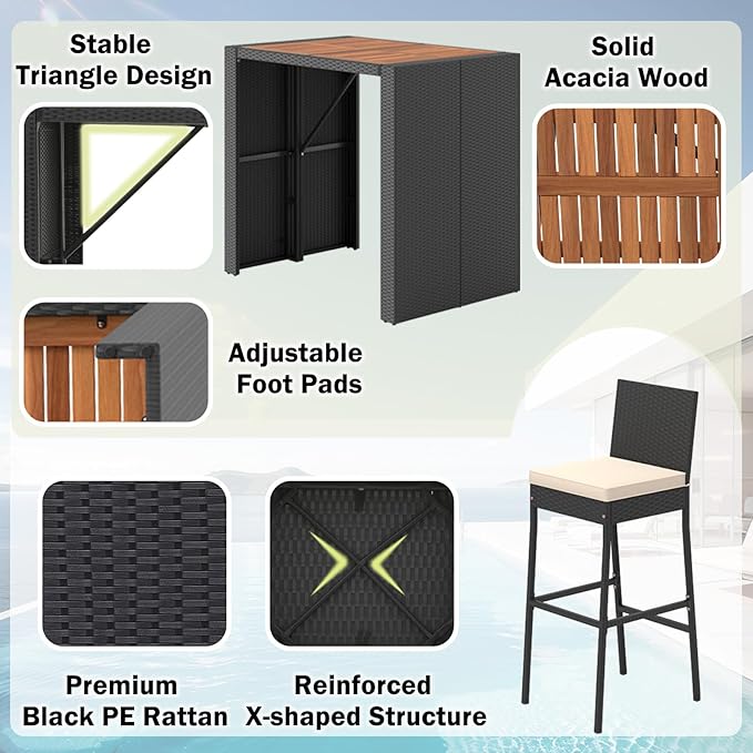 RELAX4LIFE 5-Piece Outdoor Bar Set - Wicker Rattan Bar Height Dining Table w/Acacia Wood Top & 4 Bar Stools Chairs w/Seat Cushions, Backrest, Footrest, Outside Patio Bistro Set for Backyard (47.5'')
