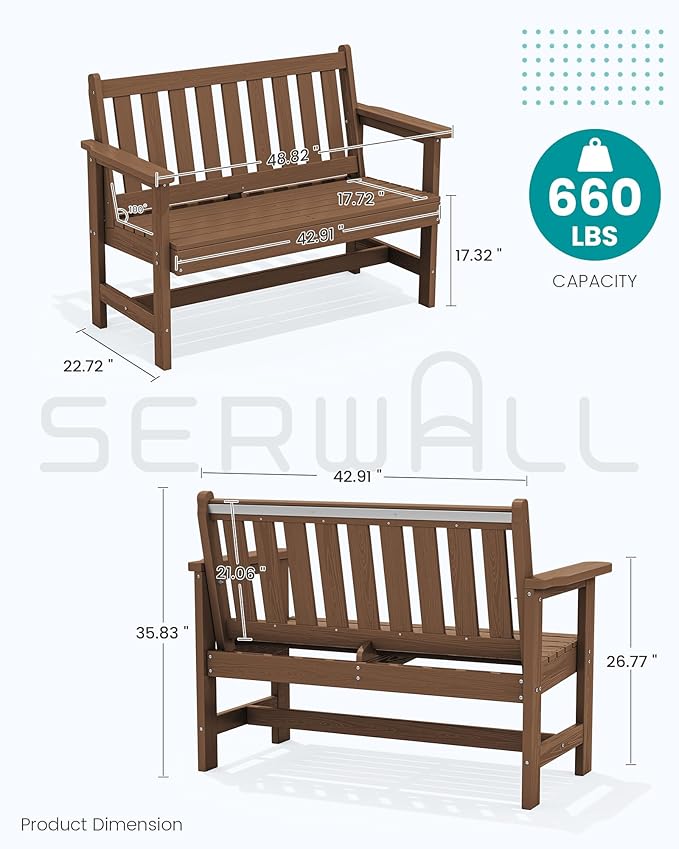 SERWALL Outdoor Bench, HDPE Outdoor Benches Weatherproof, 2-Person Garden Bench with 660 lbs Weight Capacity, Patio Benches for Outdoors, Garden, Porch, Backyard and Park, Brown