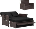 HAPPYGRILL Patio Rattan Wicker Daybed with Loveseat & Storage Ottoman, Outdoor Lounge Sofa Furniture Set with Adjustable Backrest & Side Trays, for Poolside Deck Porch Lawn (Mix Brown & Black)
