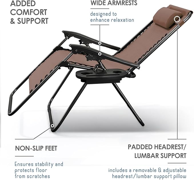 Nestl Zero Gravity Chairs Set of 2, Patio Lounge Chair Outdoor with Pillows & Cup Holder Trays, Adjustable Steel Mesh Reclining Camping Chair, Folding Patio Lawn Chair for Deck, Beach, Yard - Brown