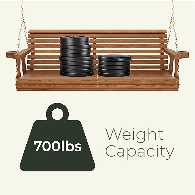 Amish Casual 5 Foot Roll Back Porch Swing with Cup Holders in Dark Walnut Stain - Amish Made in The USA from Treated Pine Heavy Duty 700 Lb. Weight Capacity